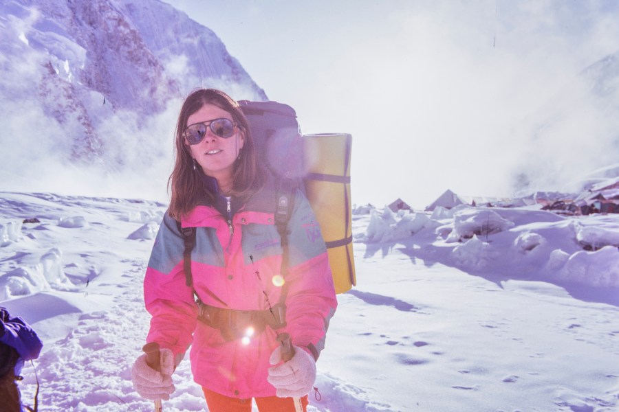 Mountain Style retro outdoor clothing - Rebecca Stephens, who was supported by Karrimor in the early 1990s, wearing products from the First K2 Winter Expedition line