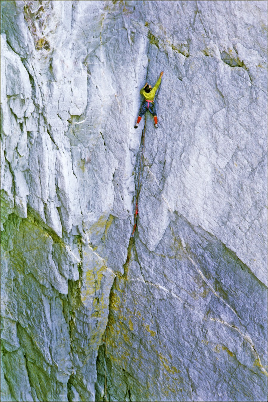 CRAIG GOGARTH, Holyhead : in Wen Zawn Lawrie Holliwell leads 'T-Rex'  ( now E3 - but at the time considered to be the hardest climb in Wales )
