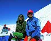 Reinhold Messner (left) and Peter Habeler at Camp II, having just become the first people to climb Everest without supplementary oxygen, in 1978. Habeler is wearing a Rohan Windlord jacket, which he later signed, and is holding a box of chocolates.