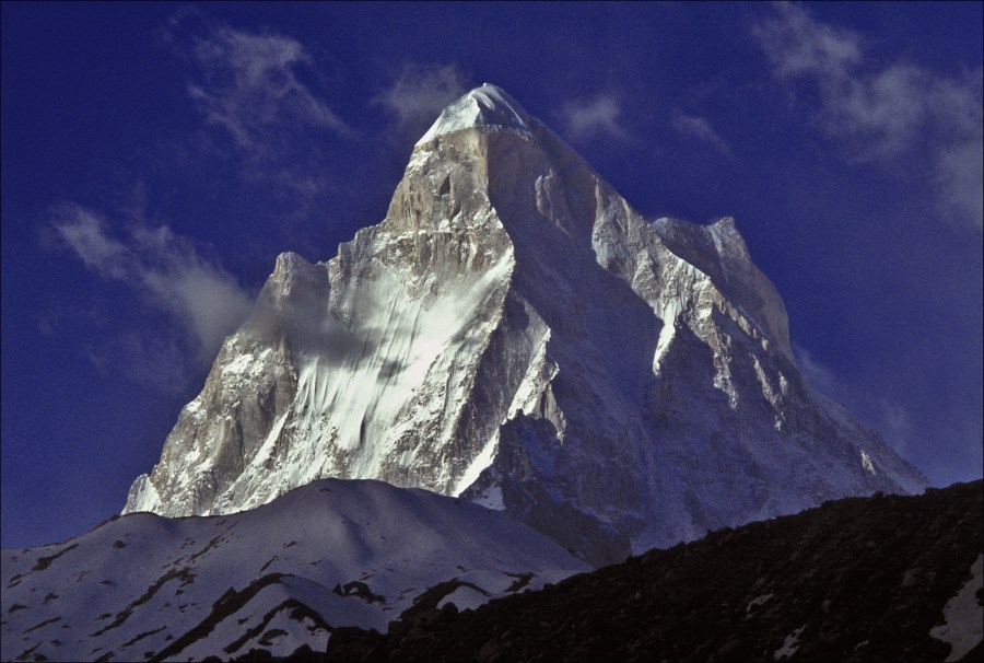 Cleare Perspectives - Dawn lights the east face of SHIVLING (6543m), the sacred peak above the Source of the River Ganges.
