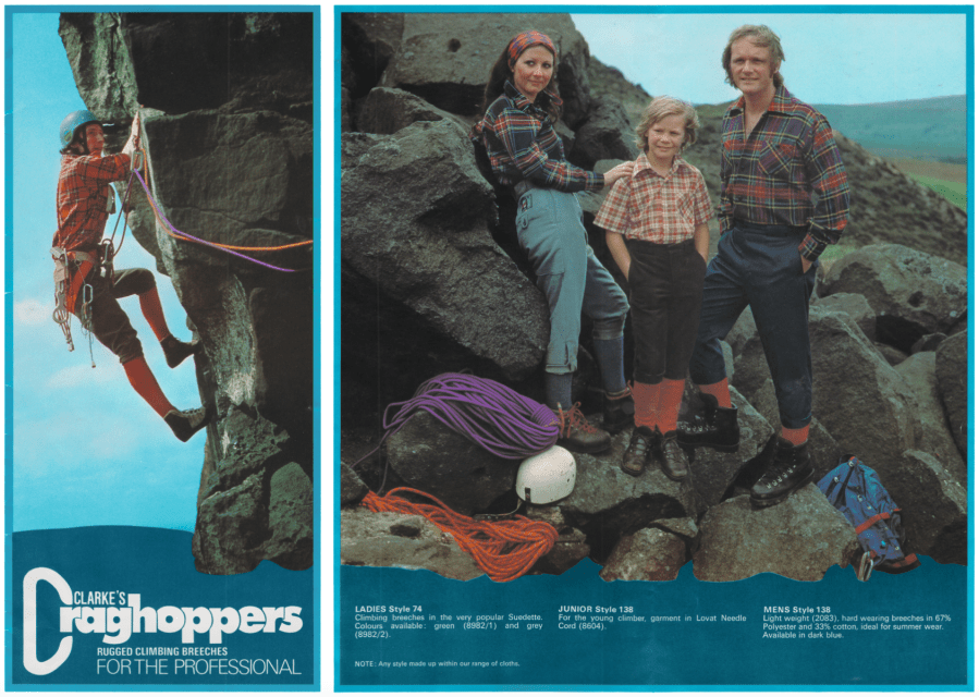 Mountain Style retro outdoor clothing - Craghoppers was a trading name of H Pickles and Sons of Hebden Bridge, and specialised in traditional breeches. Its products were still being used in 1975 by the British Everest South-West Face expedition and by Junko Tabei, the first woman to climb that mountain. In the late 1970s the brand was bought by G and H Products and the two names ran in parallel until they were merged in 1981. This shows A pre-merger brochure and fabric swatch, both mid-1970s