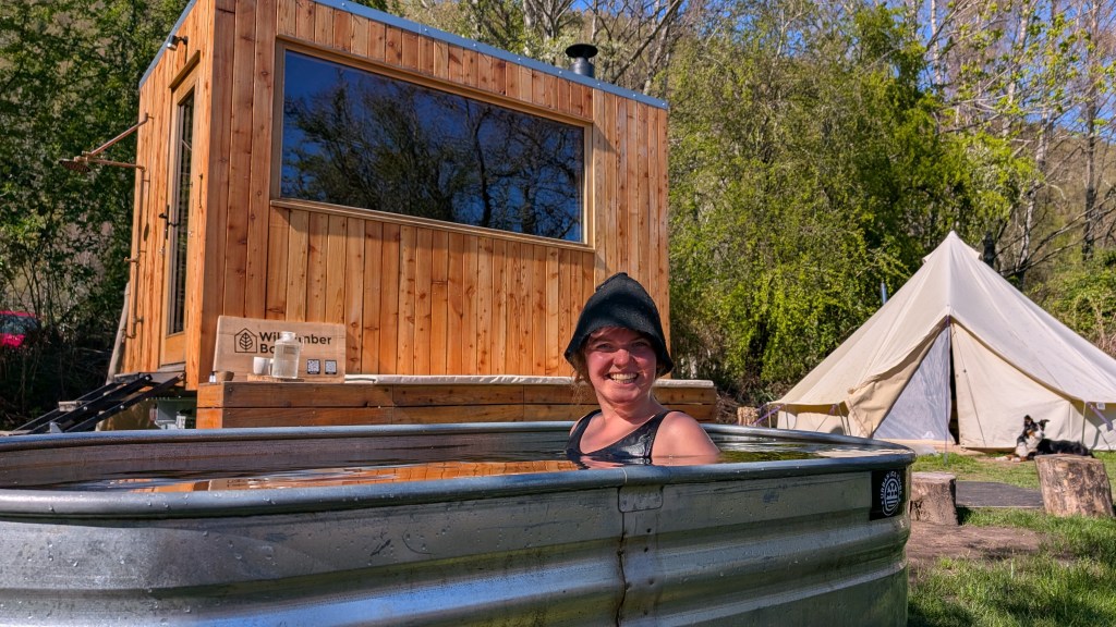 Fliss in the plunge bath at WildEmber Bothy. Credit: Julia Clarke