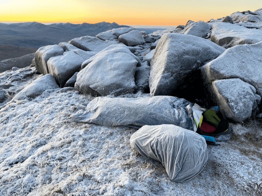 A frosty bivvy for Hazel just below the summit of Beinn Sgulaird. Credit: Hazel Strachan