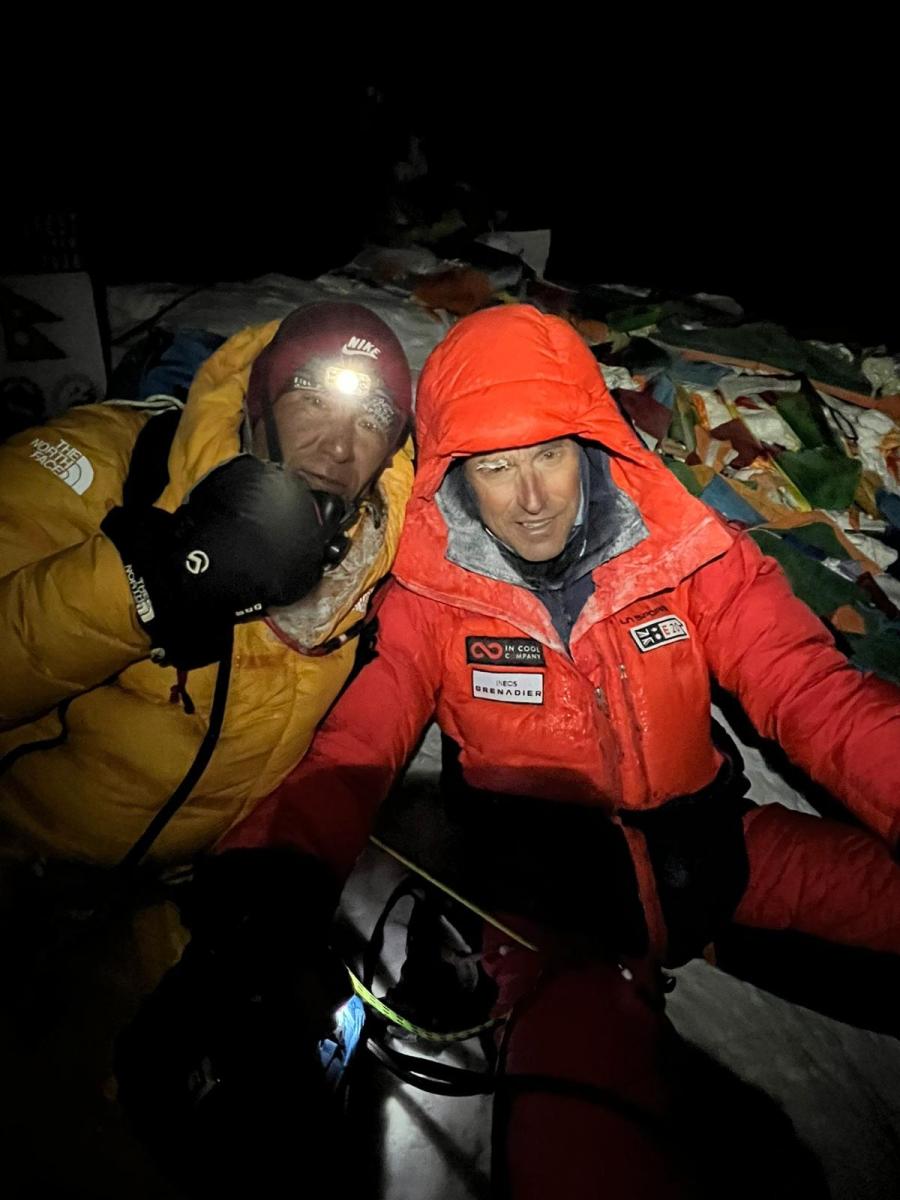 Summiting Everest this spring in the darkness before dawn - credit Kenton Cool