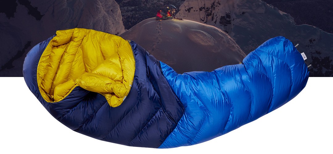 Rab Neutrino sleeping bag and the Rab logo with photo of campers on snowy mound at sunset with caption 'see more sunrises'