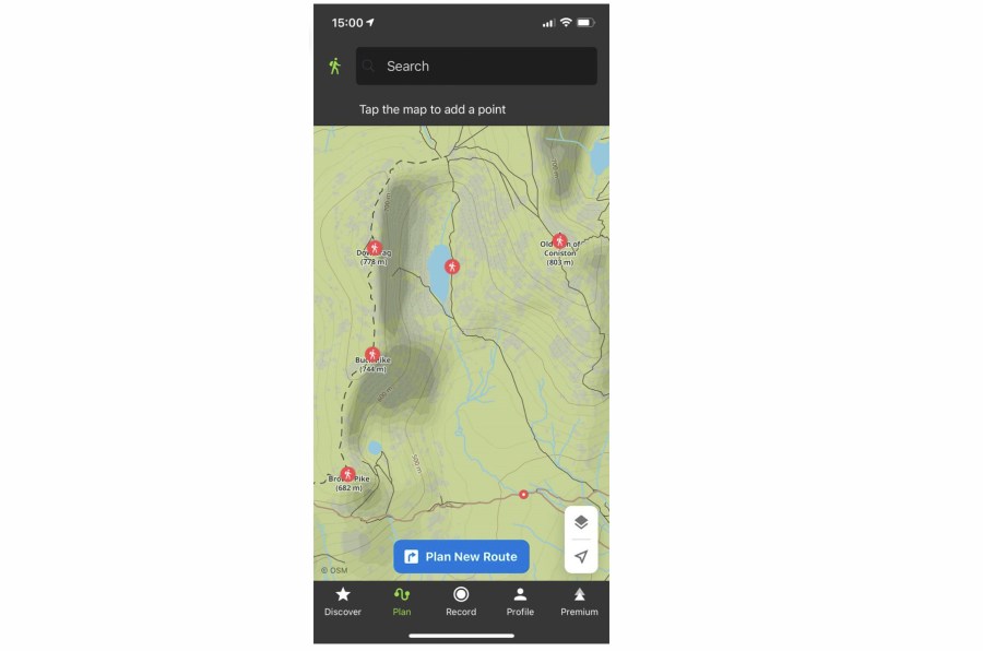 Screenshot of Komoot route planner digital mapping application